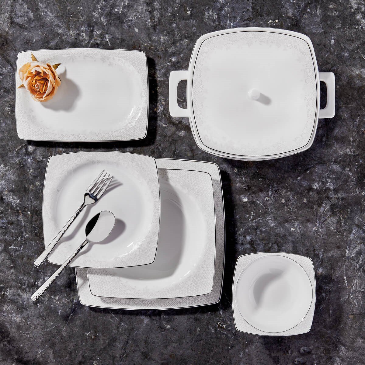 Korkmaz Bone Selection 60 Parça Kare Yemek Takımı A8441Korkmaz12 Kişilik Yemek Takımı