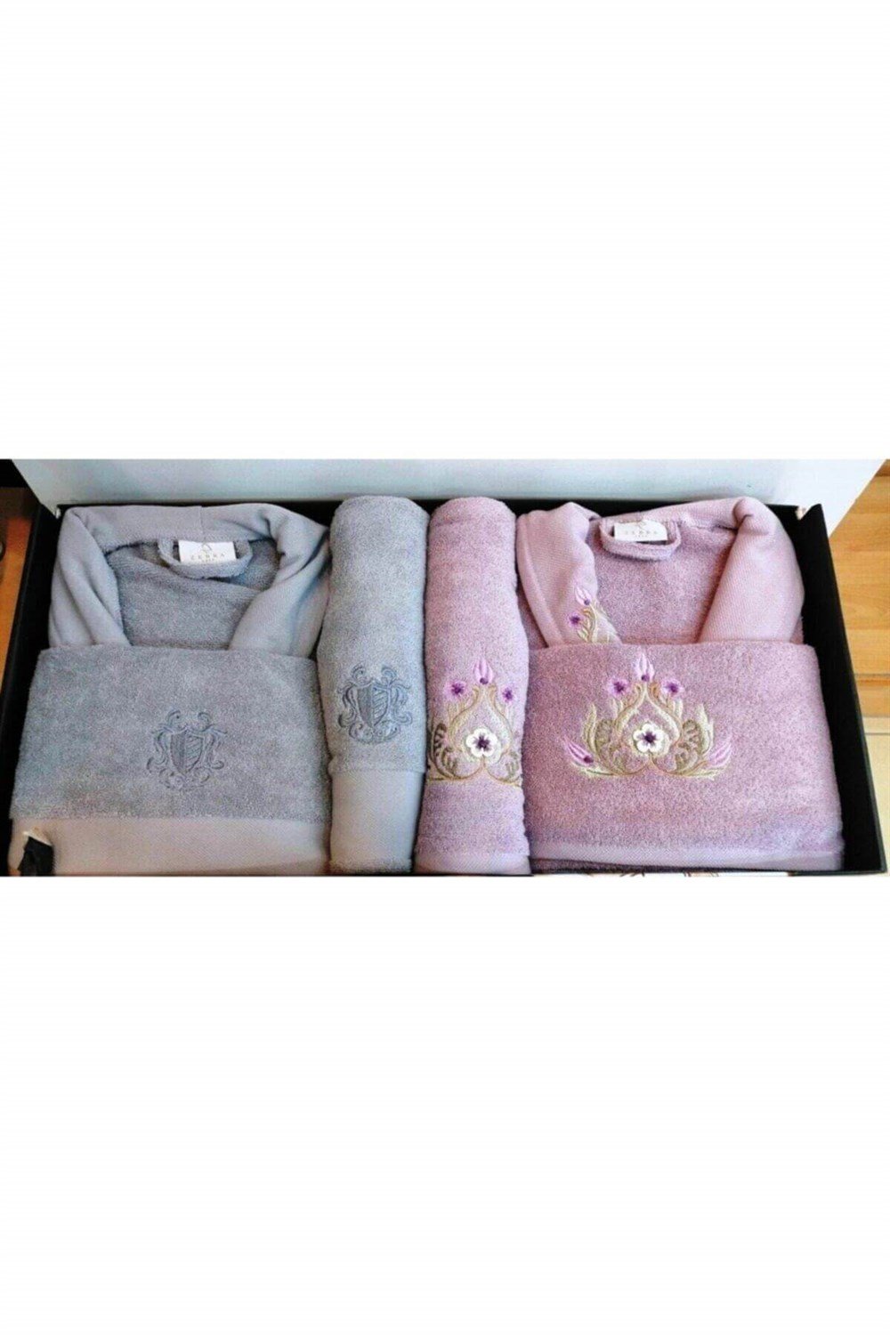 Zebra Casa Gri Mürdüm Tulıp 3d Nakışlı 6 Parça Pamuk Bornoz Takımı