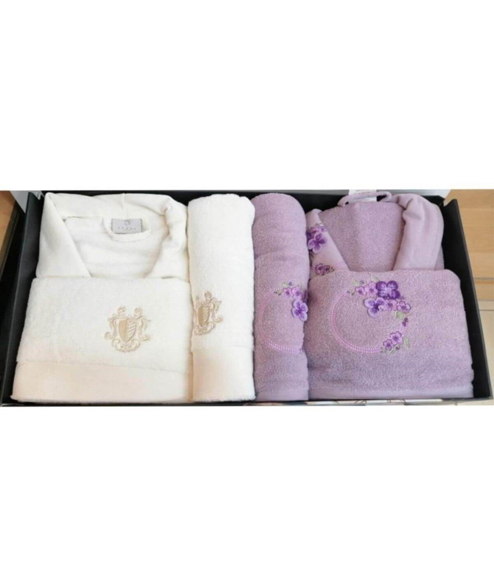 Zebra Casa Silvio 3d Nakışlı 6 Parça Pamuk Bornoz Takımı Krem Mürdüm