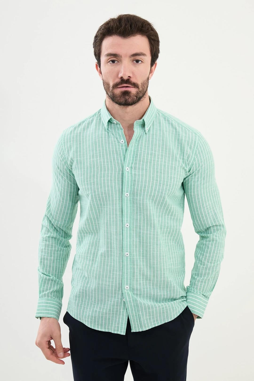 Çizgili Slim Fit Uzun Kollu Keten Erkek Gömlek ürünü ÜST GİYİM kategorisinde sizleri bekliyor.
