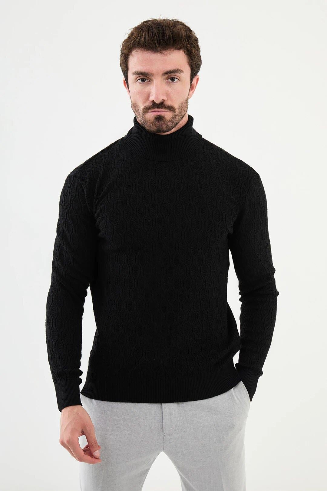 Desenli Slim Fit Tam Balıkçı Yaka Erkek Triko Kazak Siyah ürünü ÜST GİYİM kategorisinde sizleri bekliyor.