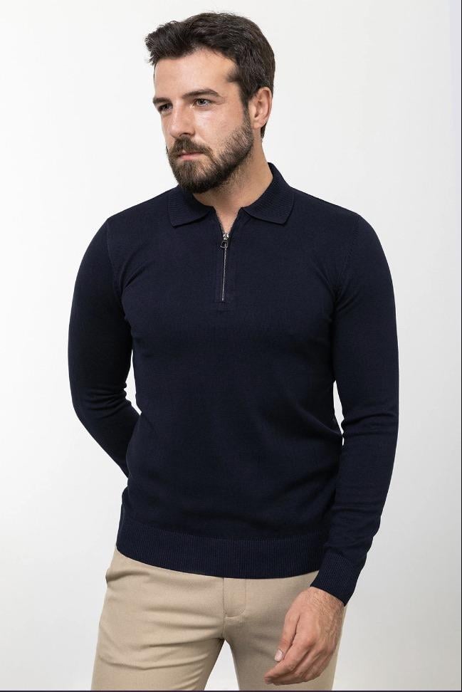 Düz Slim Fit Fermuarlı Polo Yaka Erkek Triko Kazak Lacivert ürünü ÜST GİYİM kategorisinde sizleri bekliyor.