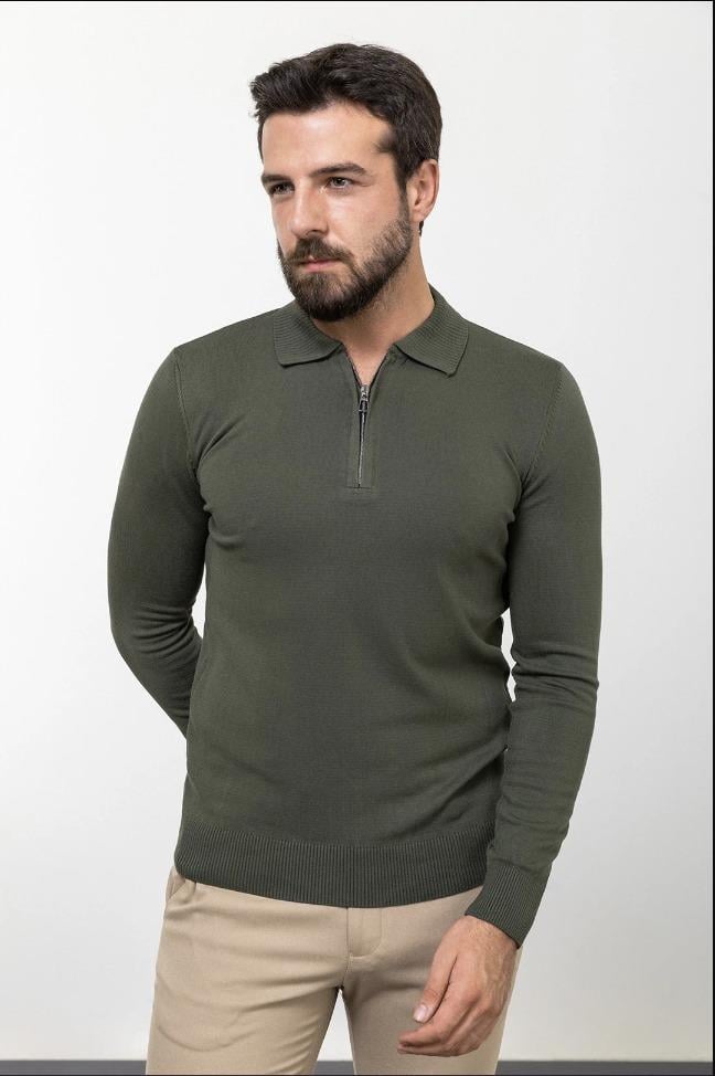 Düz Slim Fit Fermuarlı Polo Yaka Erkek Triko Kazak Haki ürünü ÜST GİYİM kategorisinde sizleri bekliyor.