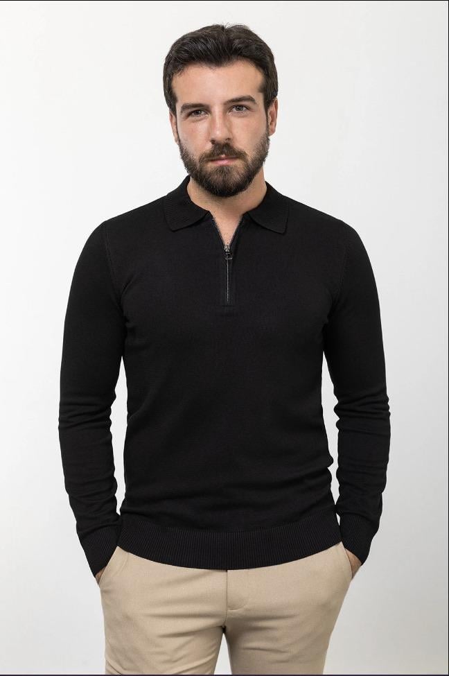 Düz Slim Fit Fermuarlı Polo Yaka Erkek Triko Kazak Siyah ürünü ÜST GİYİM kategorisinde sizleri bekliyor.