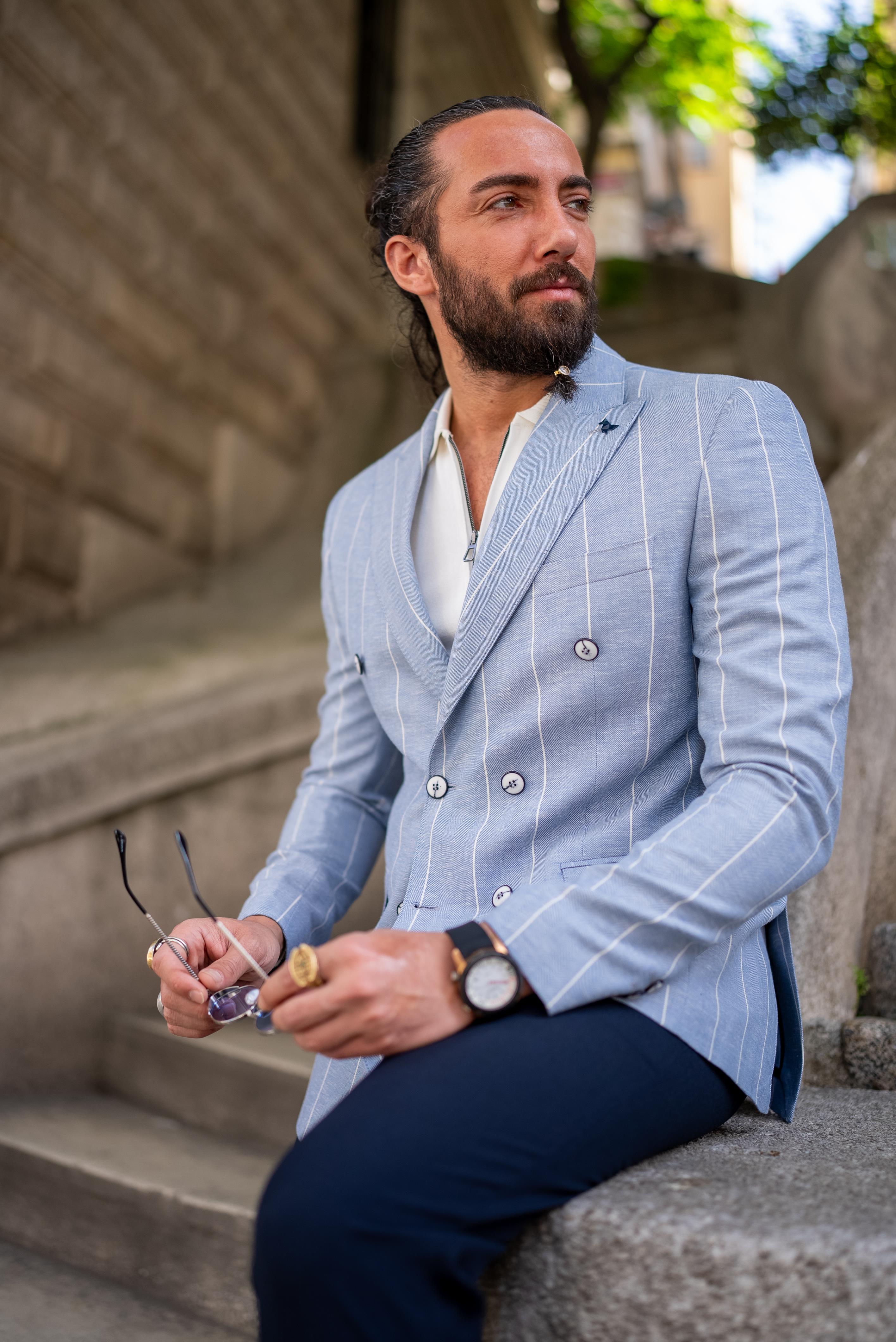 Çizgili Slim Fit Kruvaze Erkek Ceket Mavi ürünü DIŞ GİYİM kategorisinde sizleri bekliyor.