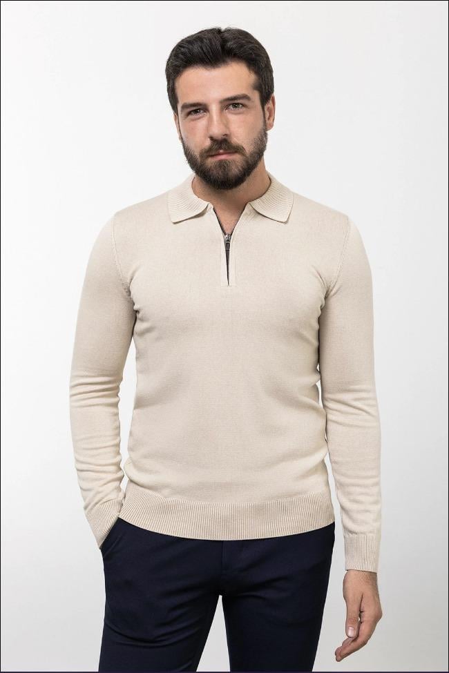 Düz Slim Fit Fermuarlı Polo Yaka Erkek Triko Kazak Bej ürünü ÜST GİYİM kategorisinde sizleri bekliyor.