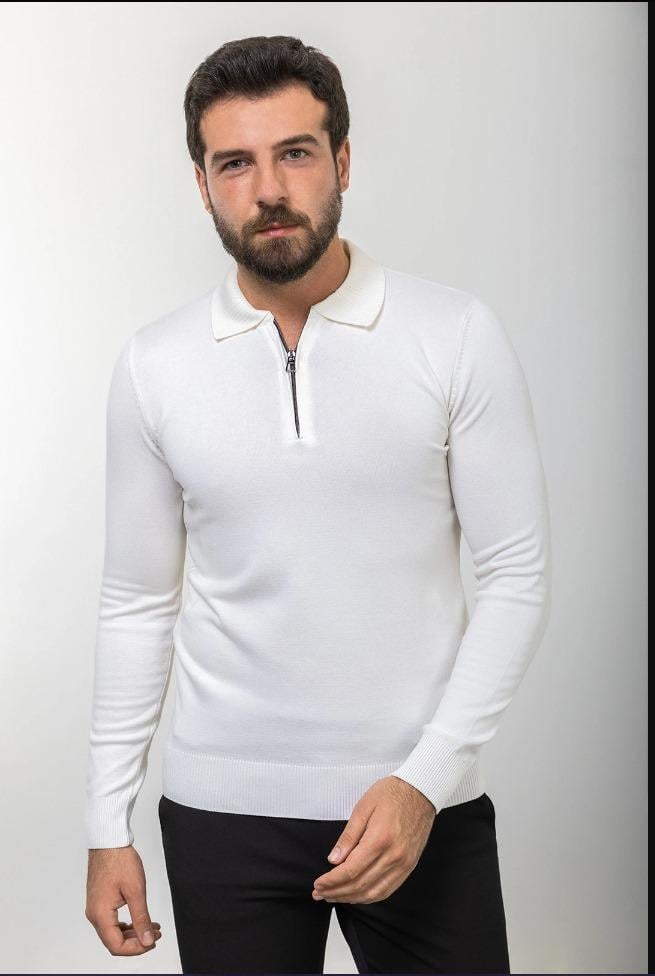 Düz Slim Fit Fermuarlı Polo Yaka Erkek Triko Kazak Ekru ürünü ÜST GİYİM kategorisinde sizleri bekliyor.