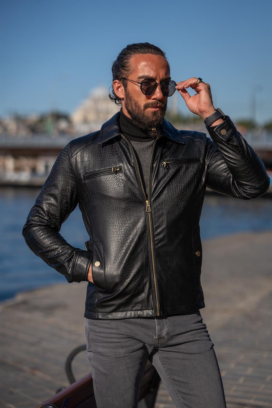 Sunglasses Mens Black Motorcycle Jacket Men's Leather Biker Jacket
