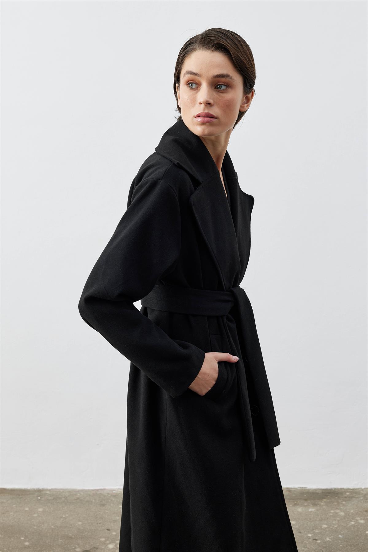 BIRFIL Kaşe Siyah Uzun Palto I Sustainable & Minimal & Timeless