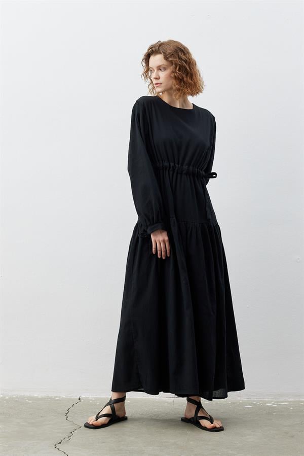 Şile Bezi Siyah Bağlamalı Elbise
