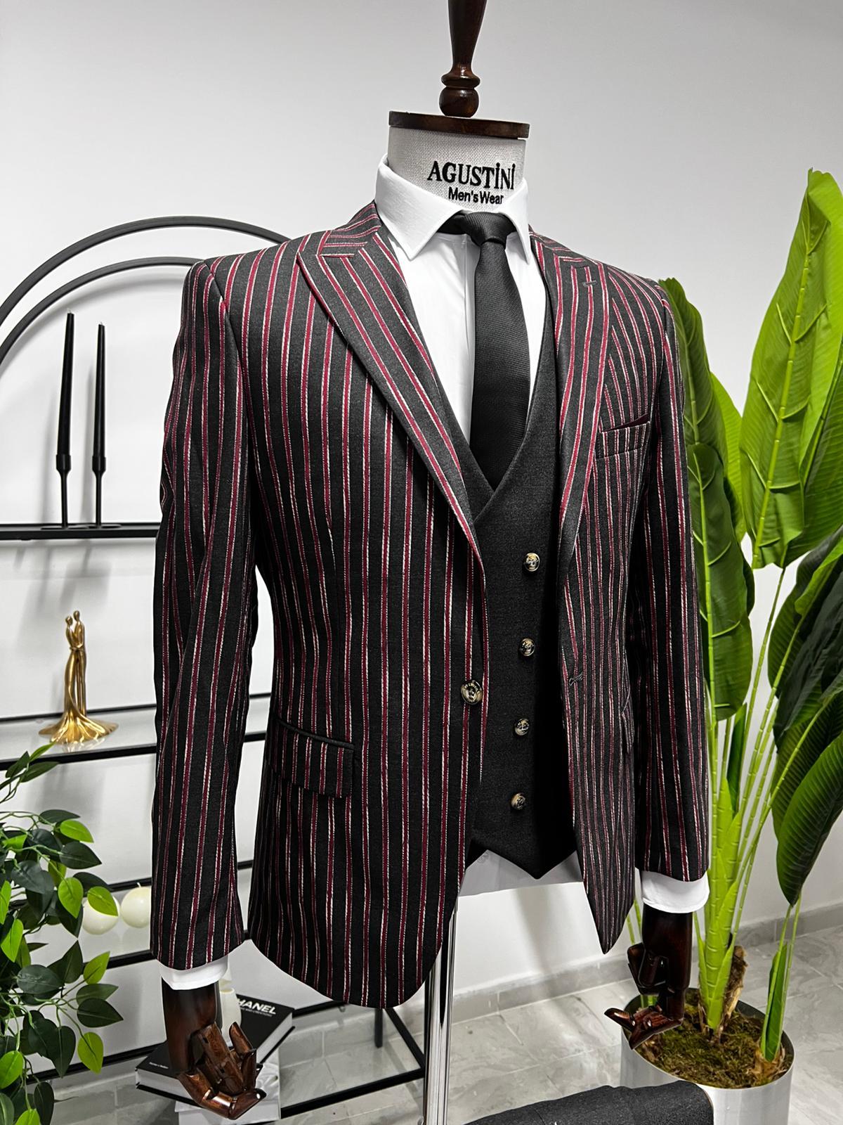 Antrasit Renk Bordo Çizgili Yelekli Kombin Takım Elbise Sivri Yaka Slim Fit Kalıp | Agustini