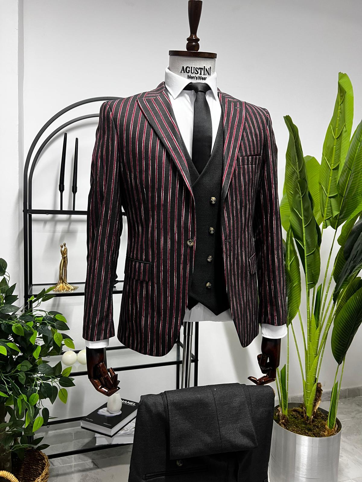 Antrasit Renk Bordo Çizgili Yelekli Kombin Takım Elbise Sivri Yaka Slim Fit Kalıp | Agustini