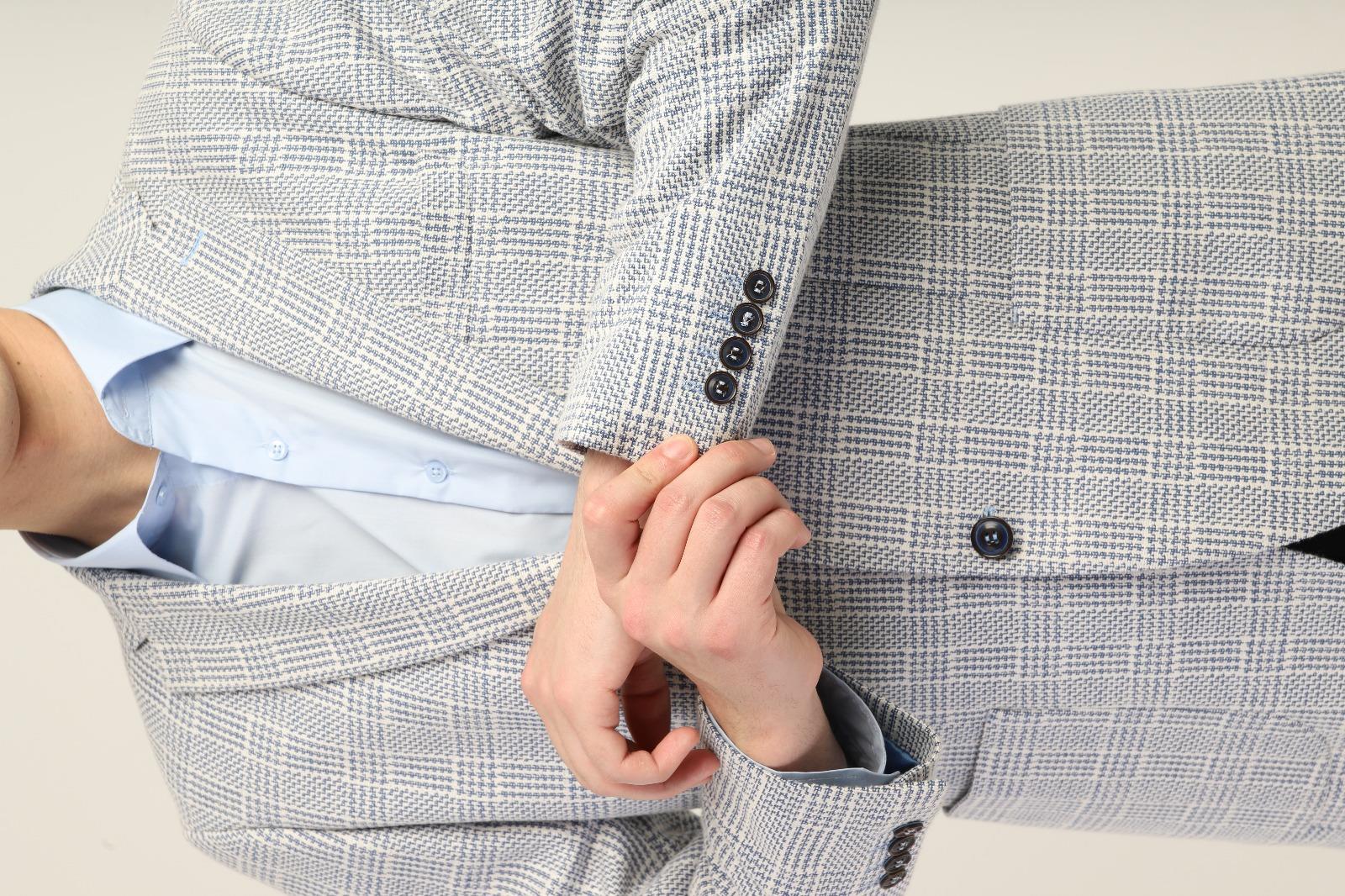 Bebe Mavi Ekose Mono Yaka Yarım Astar Torba Cep Blazer Tek Ceket Slim Fit | Agustini