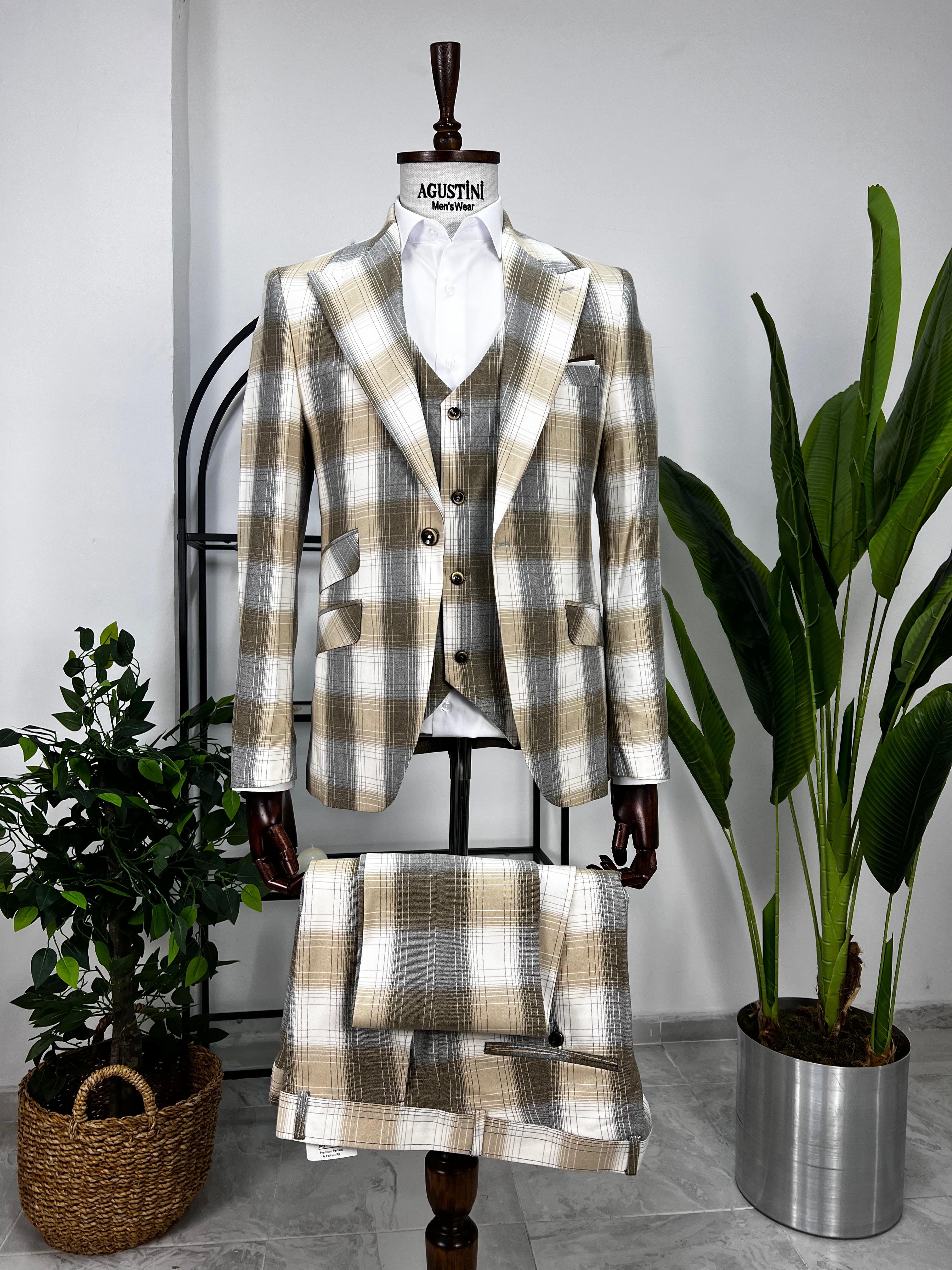 Bej Ekose Mendilli Yelekli Takım Elbise Sivri Yaka Slim Fit Kalıp | Agustini