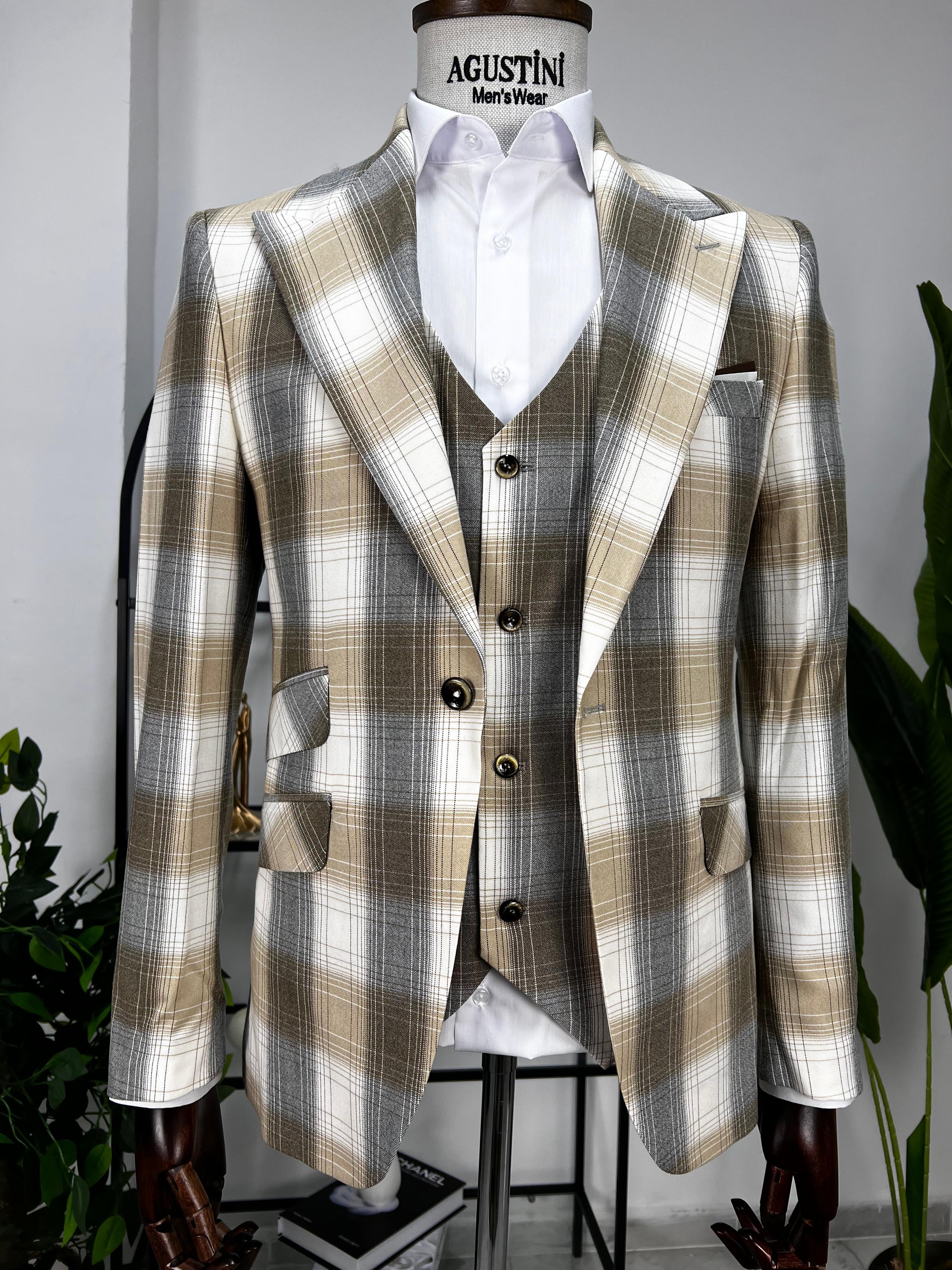 Bej Ekose Mendilli Yelekli Takım Elbise Sivri Yaka Slim Fit Kalıp | Agustini