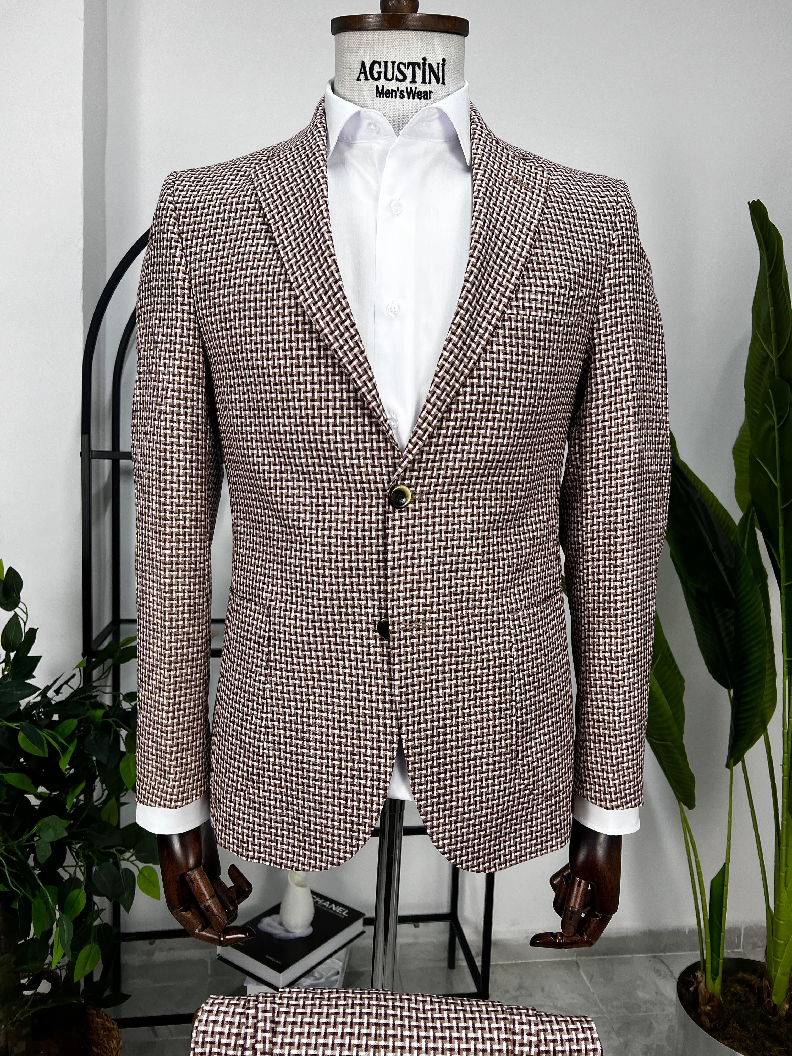 Bordo Beyaz Desenli 2Lİ Takım Elbise Mono Yaka Torba Cep Slim Fit Kalıp | Agustini