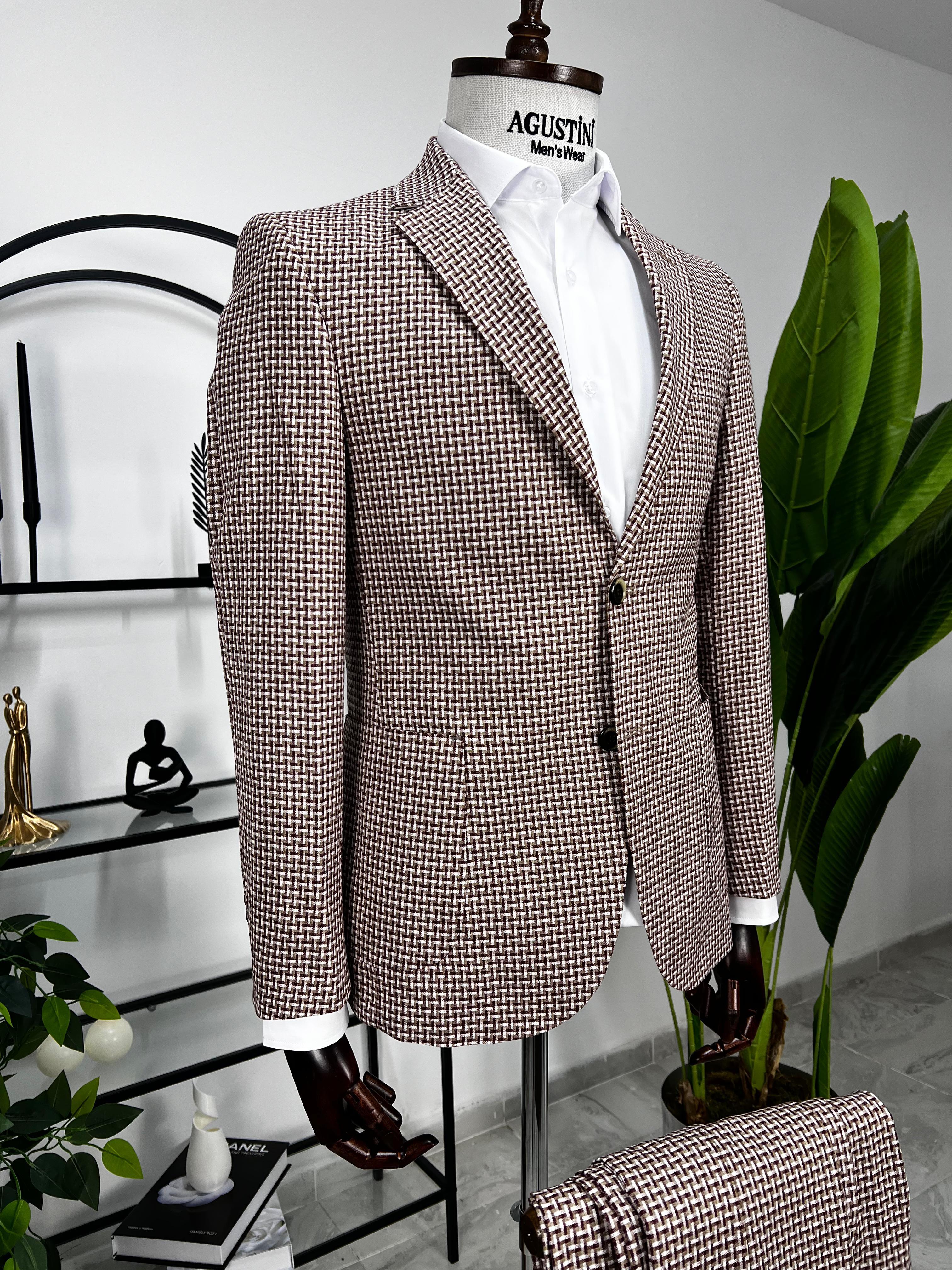 Bordo Beyaz Desenli 2Lİ Takım Elbise Mono Yaka Torba Cep Slim Fit Kalıp | Agustini