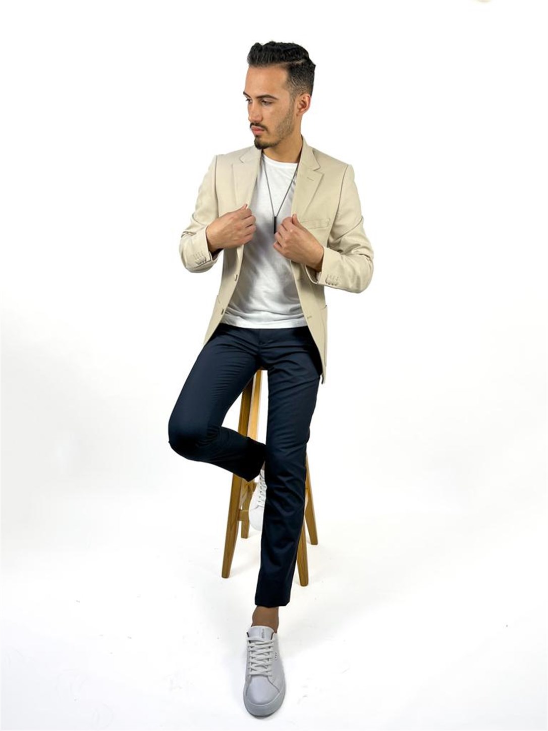 Ekru Renk Torba Cep Tek Ceket Mono Yaka Slim Fit | Agustini