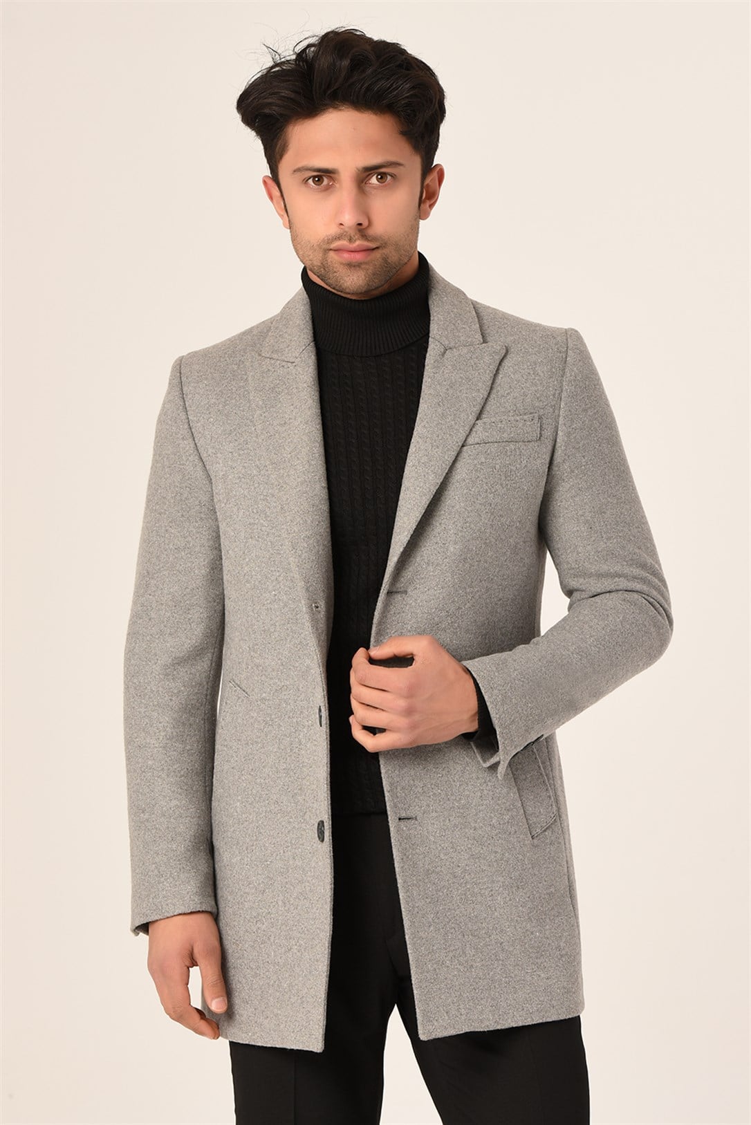 Erkek Açık Gri Kaşe Kaban Slim Fit | Agustini