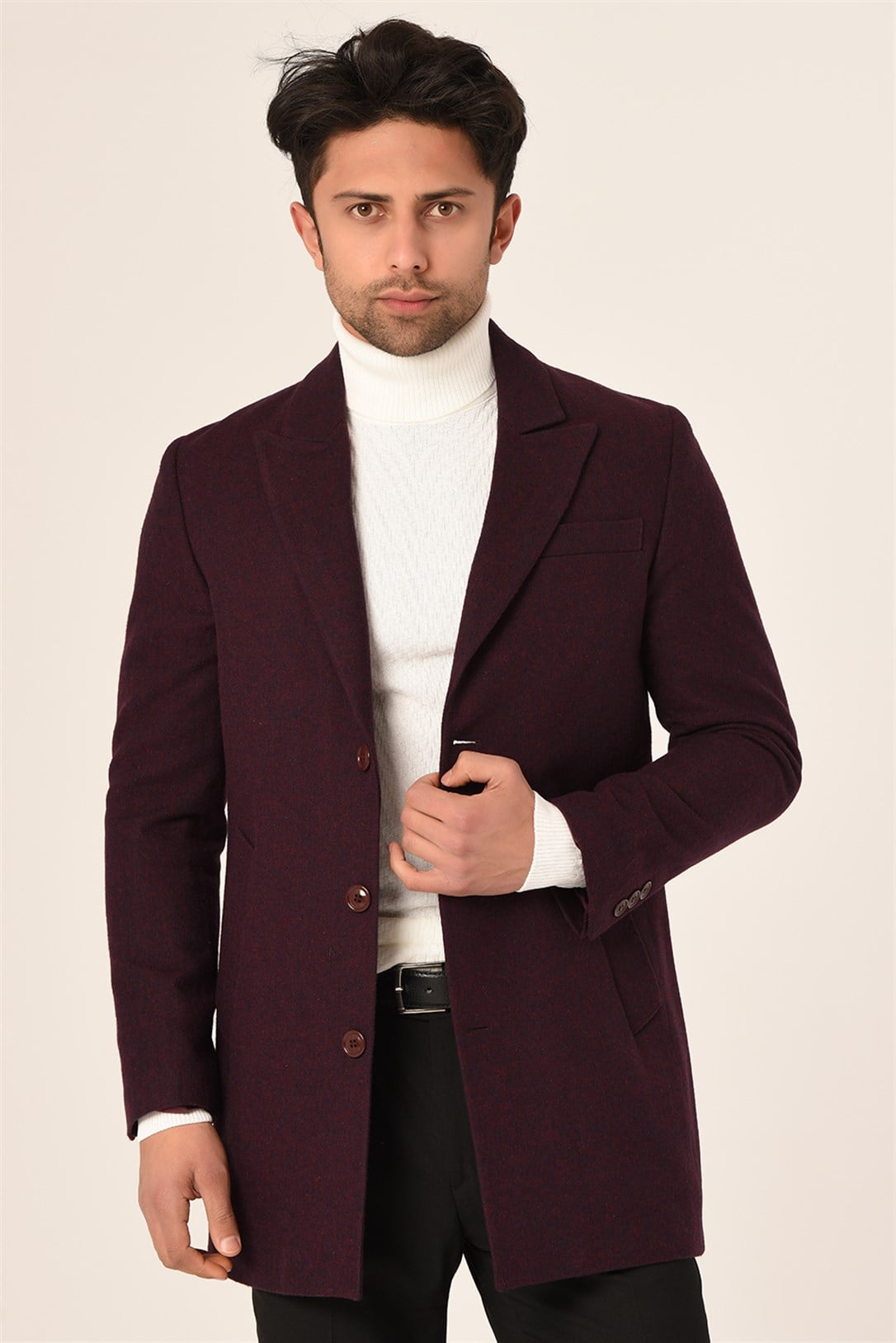 Erkek Mürdüm Renk Kaşe Kaban Slim Fit | Agustini