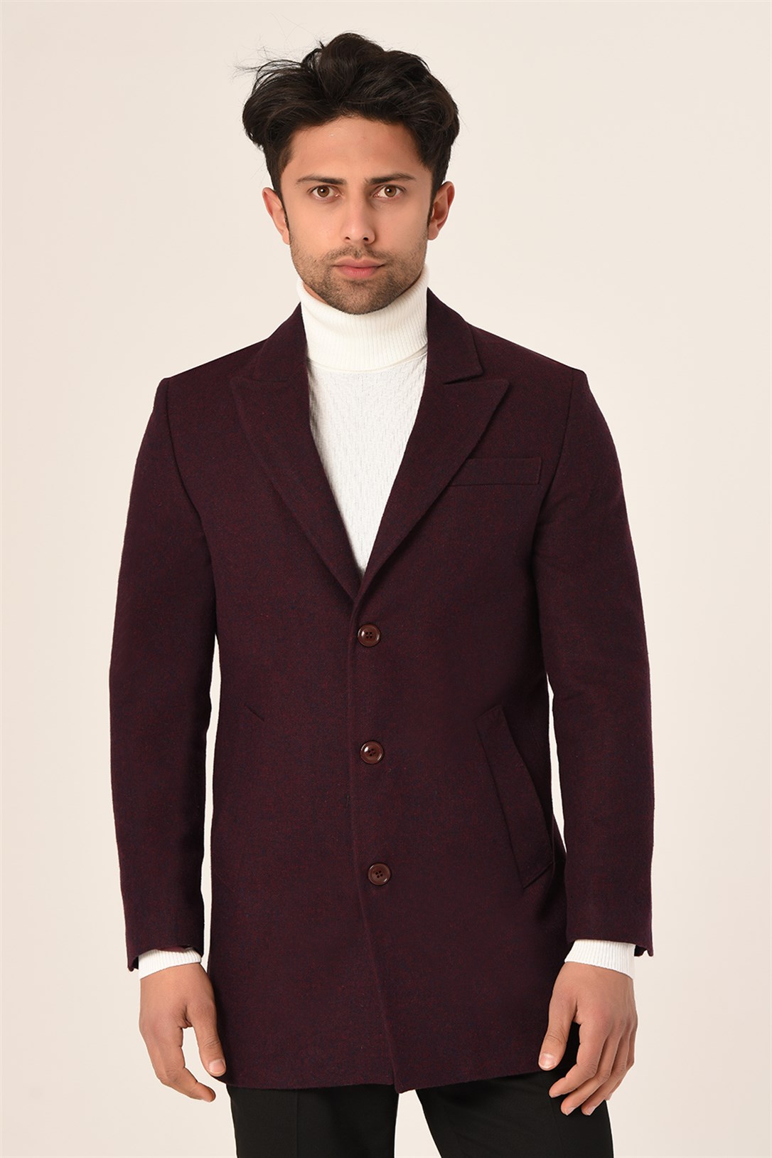 Erkek Mürdüm Renk Kaşe Kaban Slim Fit | Agustini