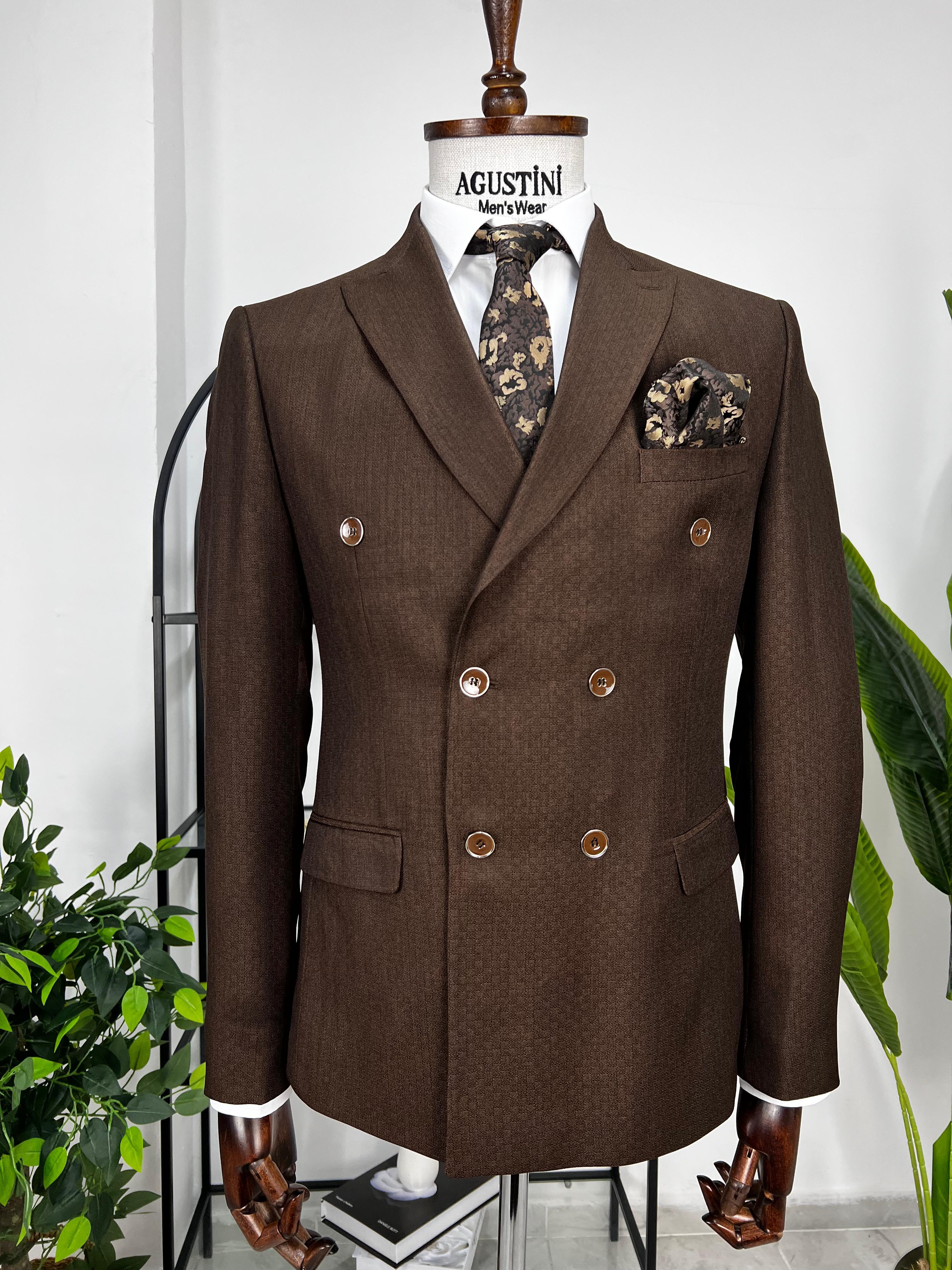 Kahverengi Kruvaze 2Lİ Takım Elbise Sivri Yaka Slim Fit Kalıp | Agustini