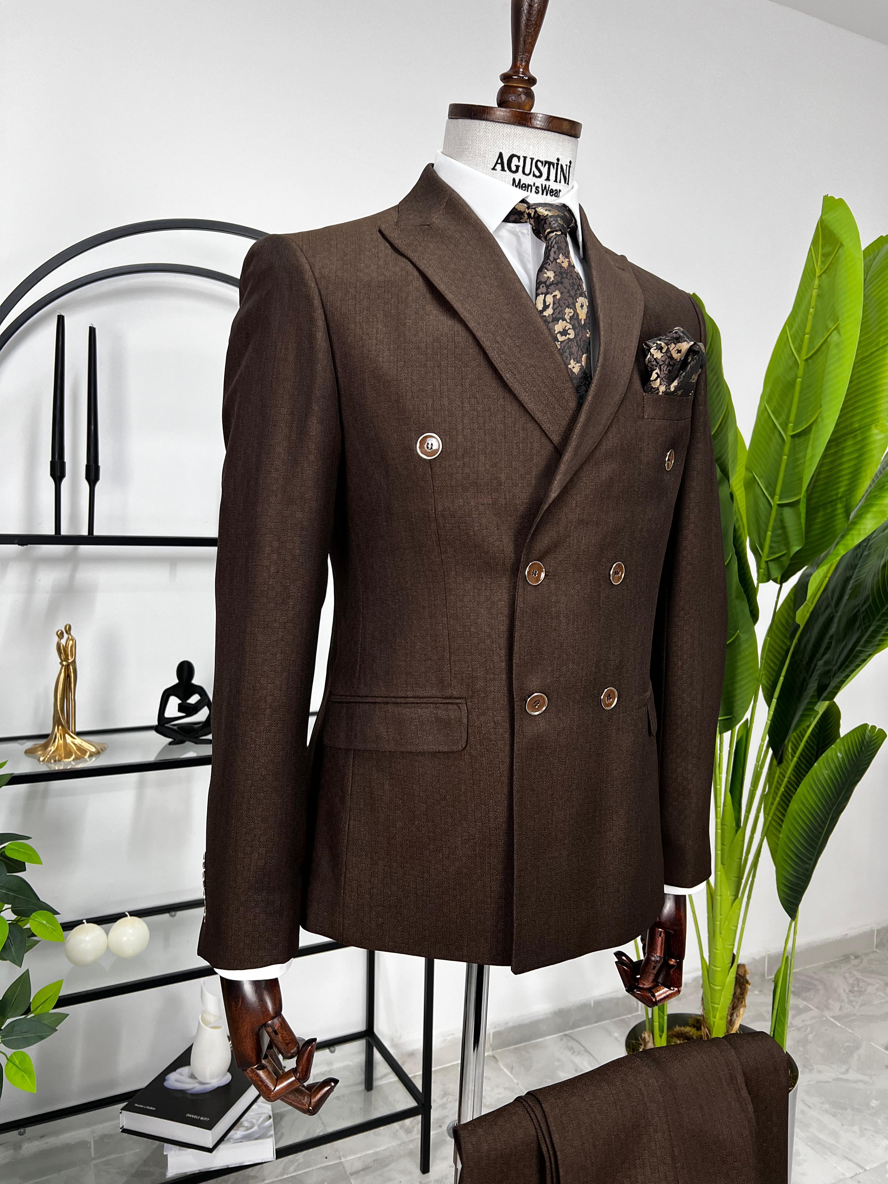 Kahverengi Kruvaze 2Lİ Takım Elbise Sivri Yaka Slim Fit Kalıp | Agustini