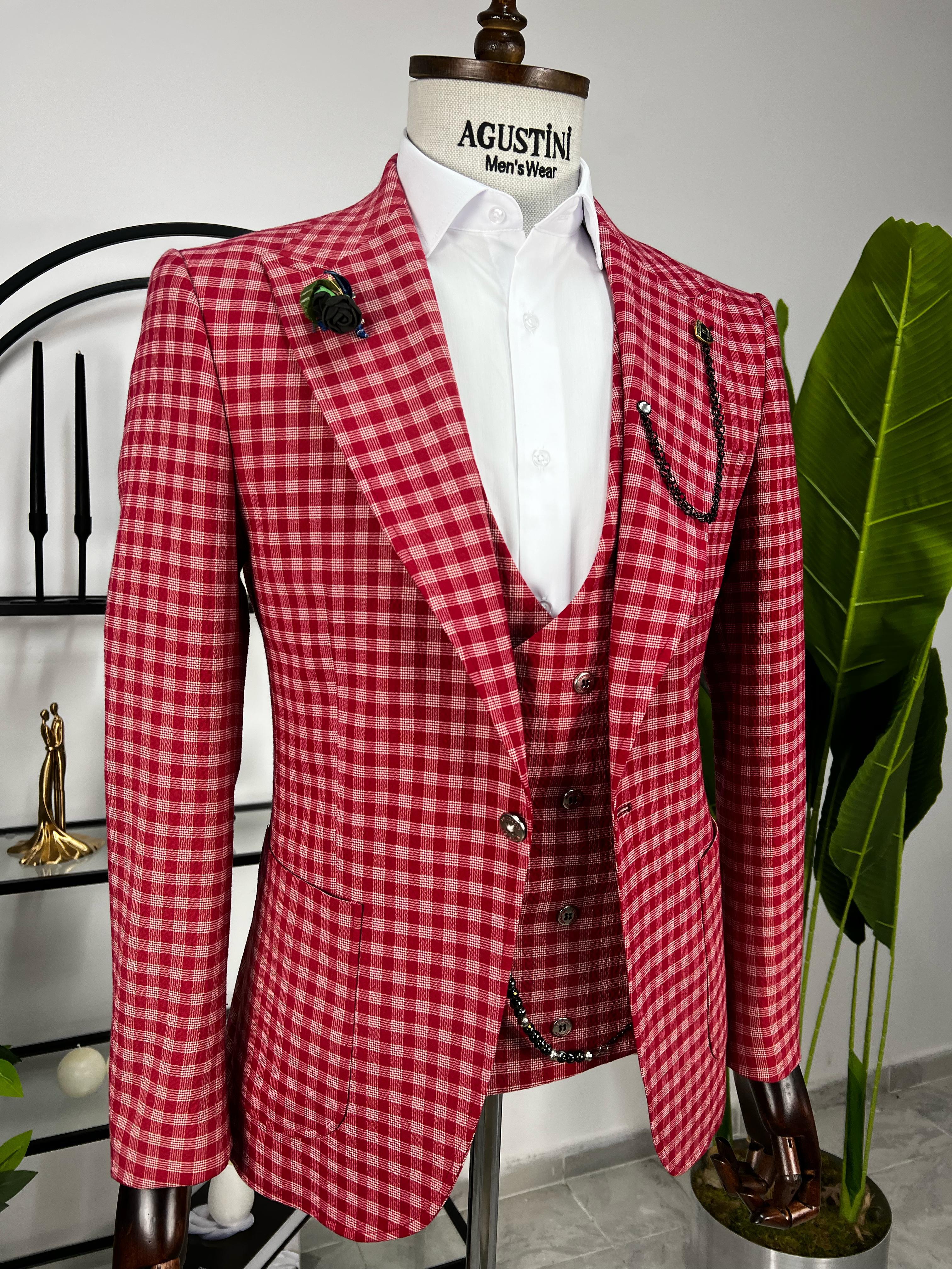 Kırmızı Ekose Kombinli 3Lü Takım Elbise Sivri Yaka Torba Cep Slim Fit Kalıp | Agustini