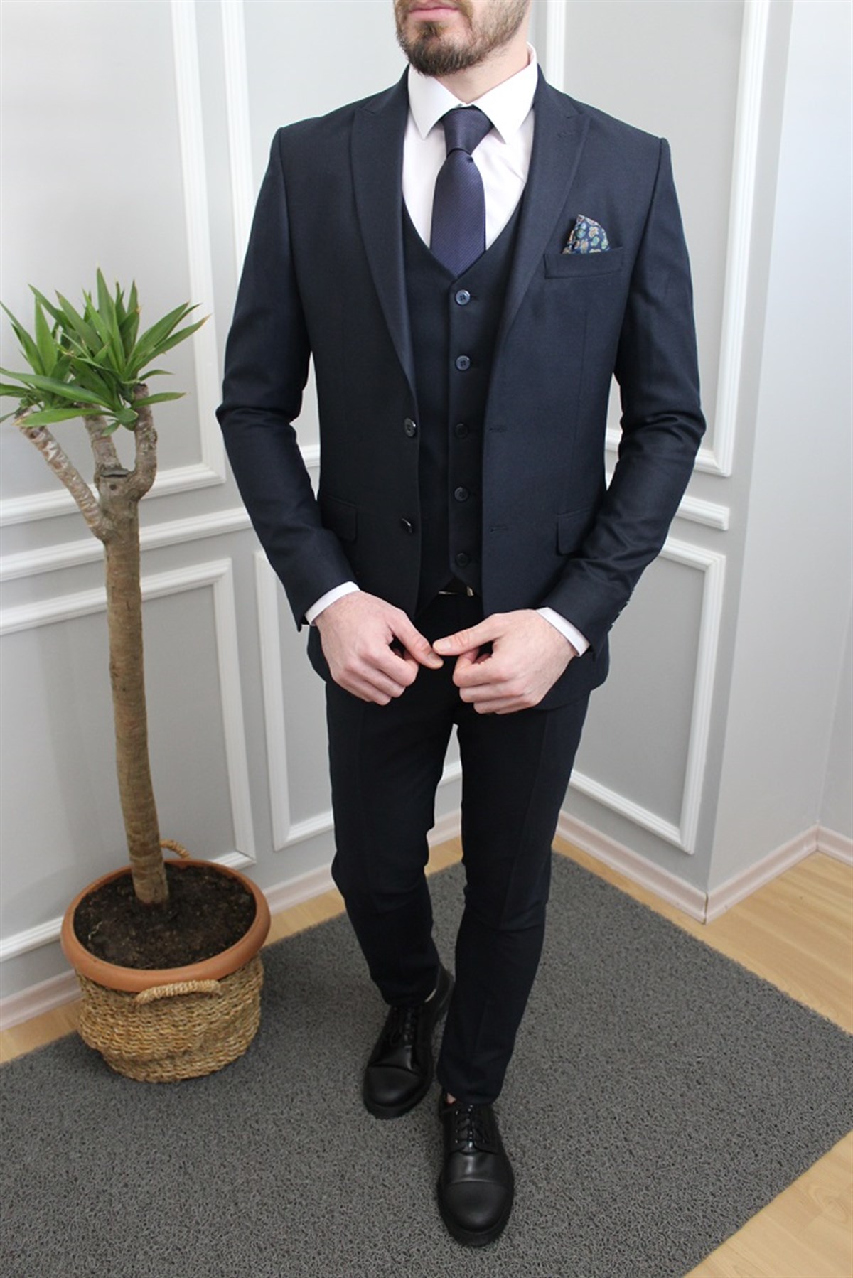 Koyu Lacivert Yelekli Takım Elbise Slim Fit | Agustini