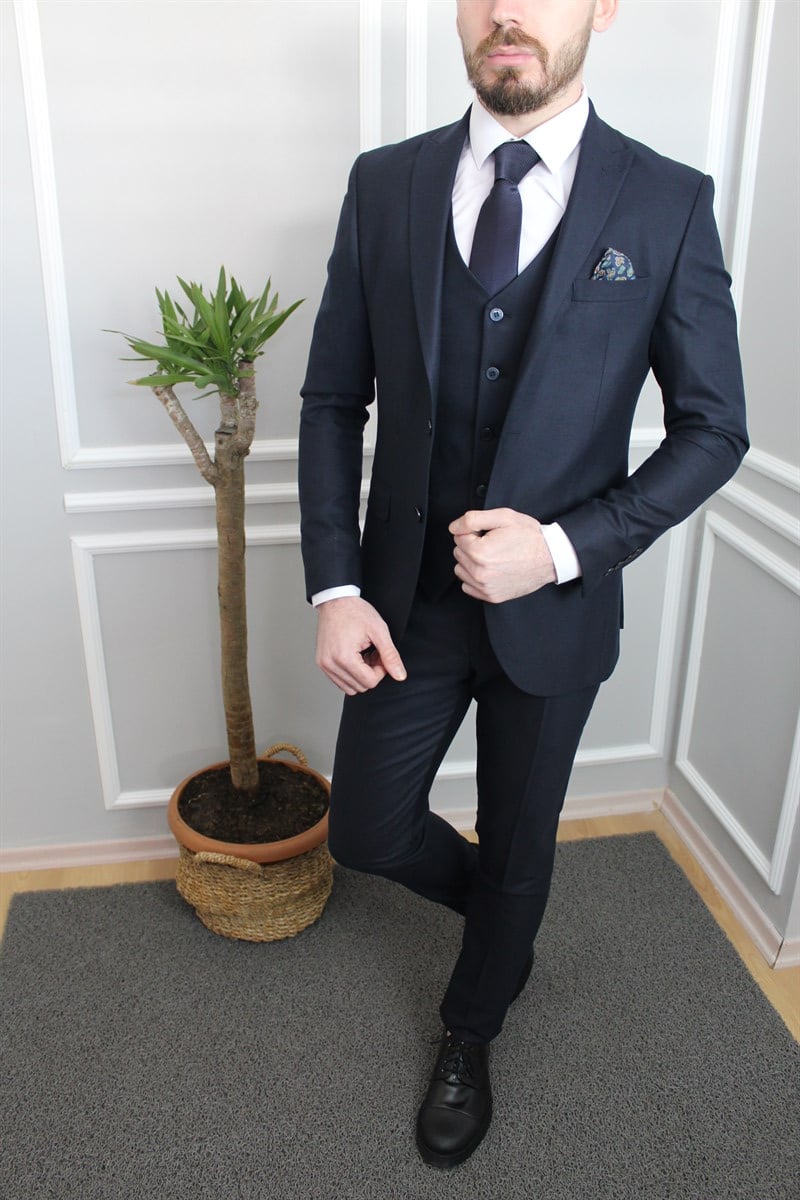 Koyu Lacivert Yelekli Takım Elbise Slim Fit | Agustini