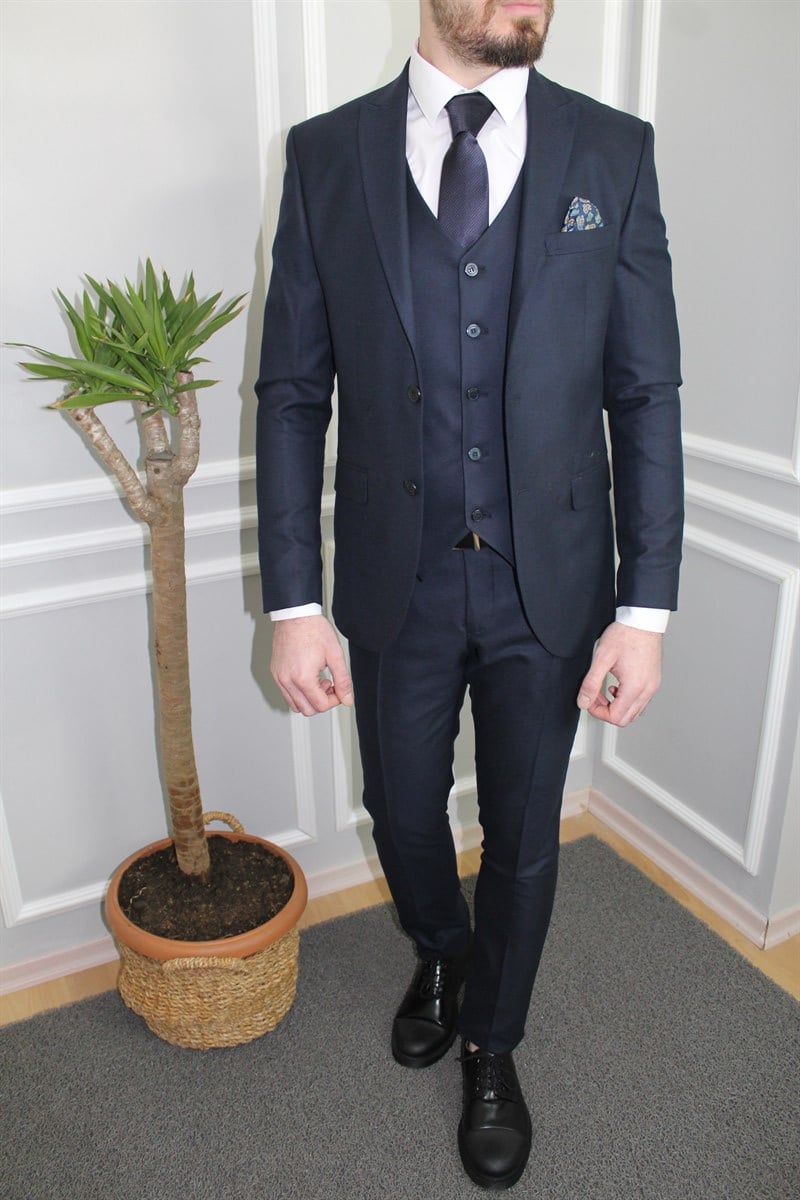 Koyu Lacivert Yelekli Takım Elbise Slim Fit | Agustini