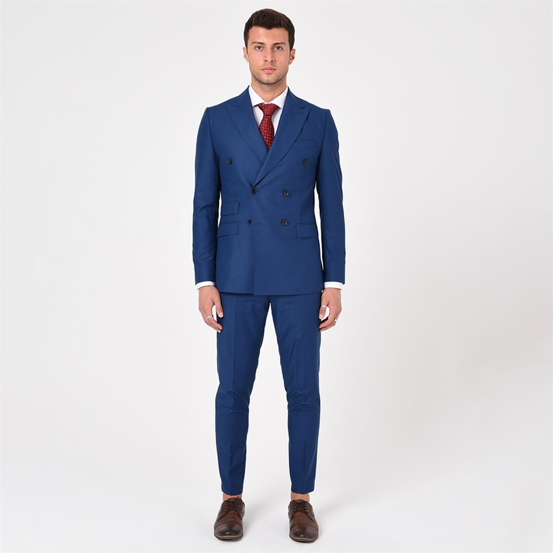 Lacivert Kruvaze Sivri Yaka Slim Fit Takım Elbise | Agustini