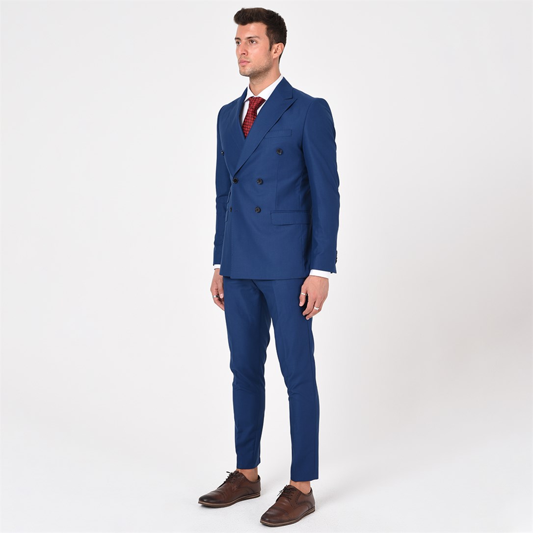 Lacivert Kruvaze Sivri Yaka Slim Fit Takım Elbise | Agustini