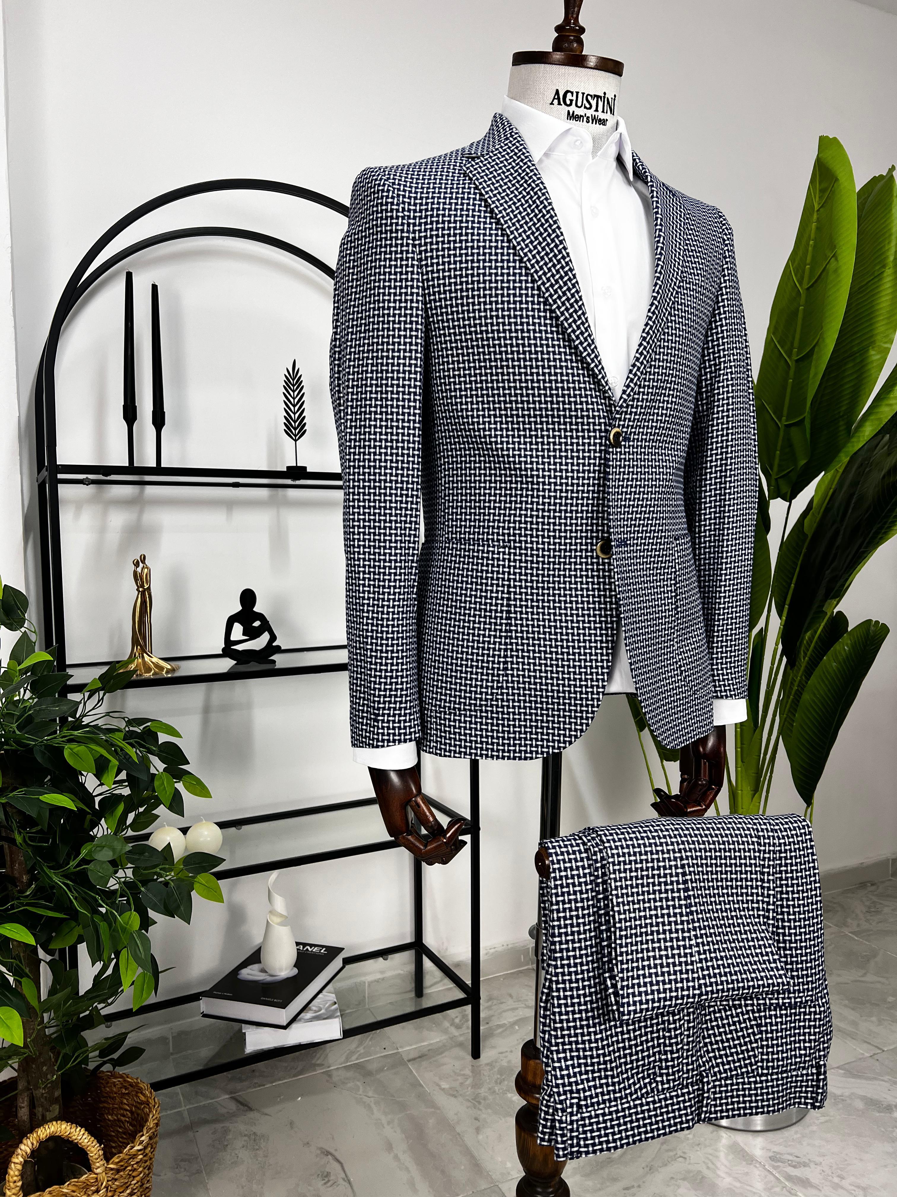 Mavi Beyaz Desenli 2Lİ Takım Elbise Mono Yaka Torba Cep Slim Fit Kalıp | Agustini