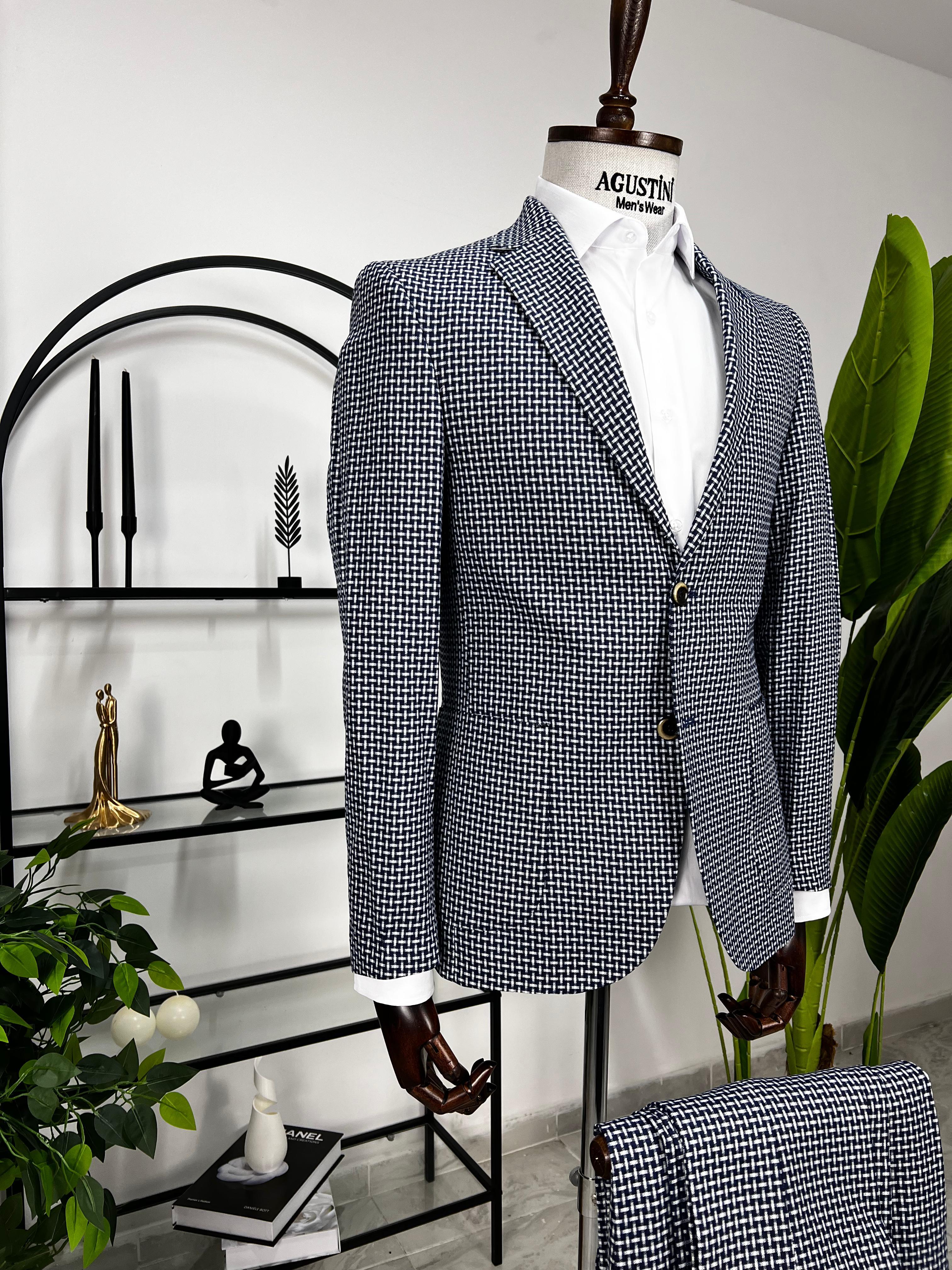 Mavi Beyaz Desenli 2Lİ Takım Elbise Mono Yaka Torba Cep Slim Fit Kalıp | Agustini