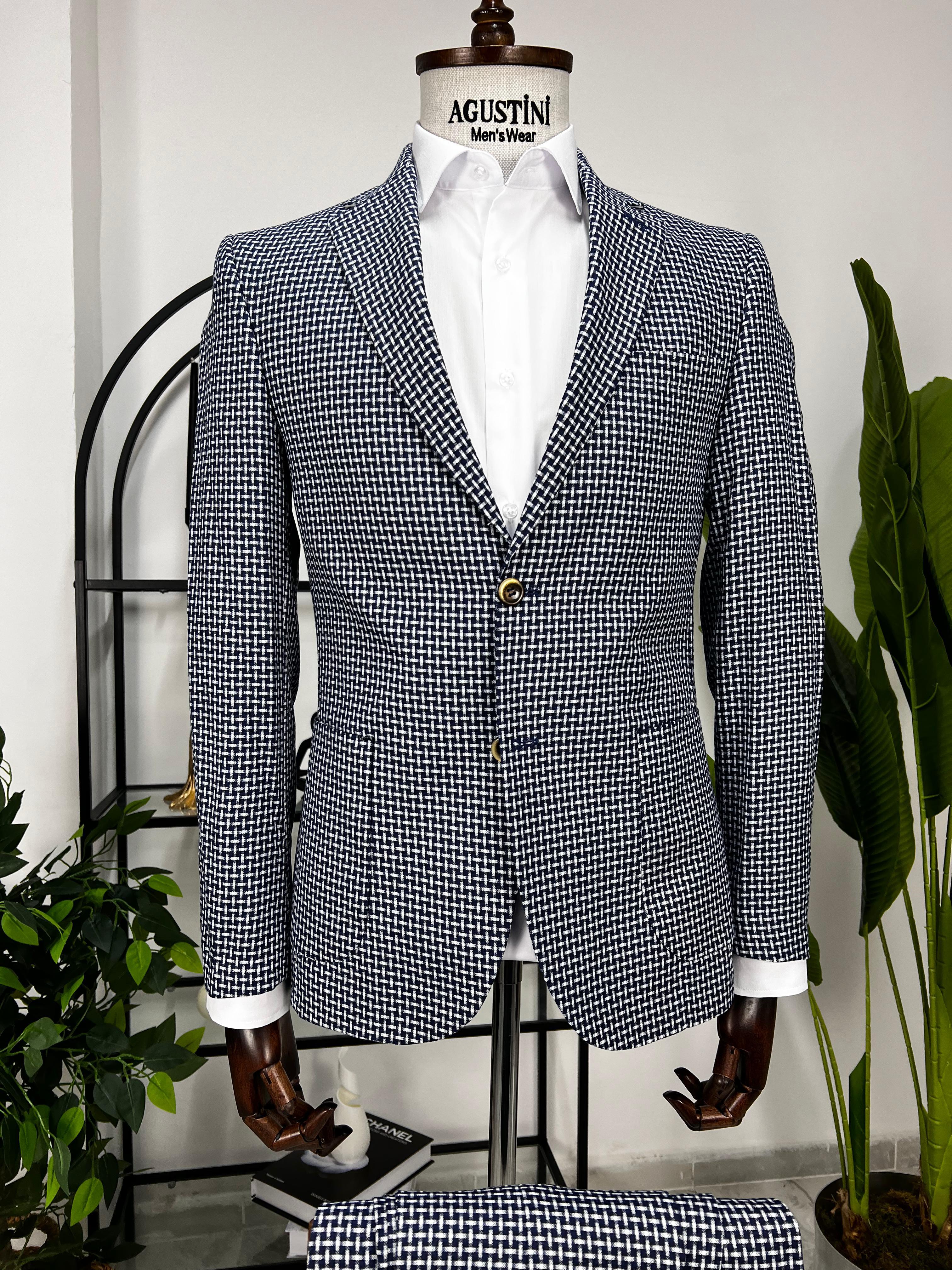 Mavi Beyaz Desenli 2Lİ Takım Elbise Mono Yaka Torba Cep Slim Fit Kalıp | Agustini
