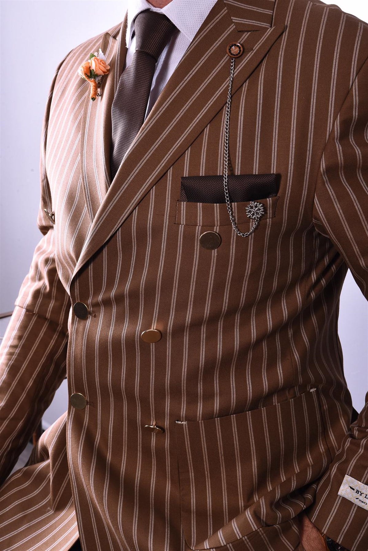 Taba Renk Çizgili,Kruvaze Takım Elbise Slim Fit | Agustini