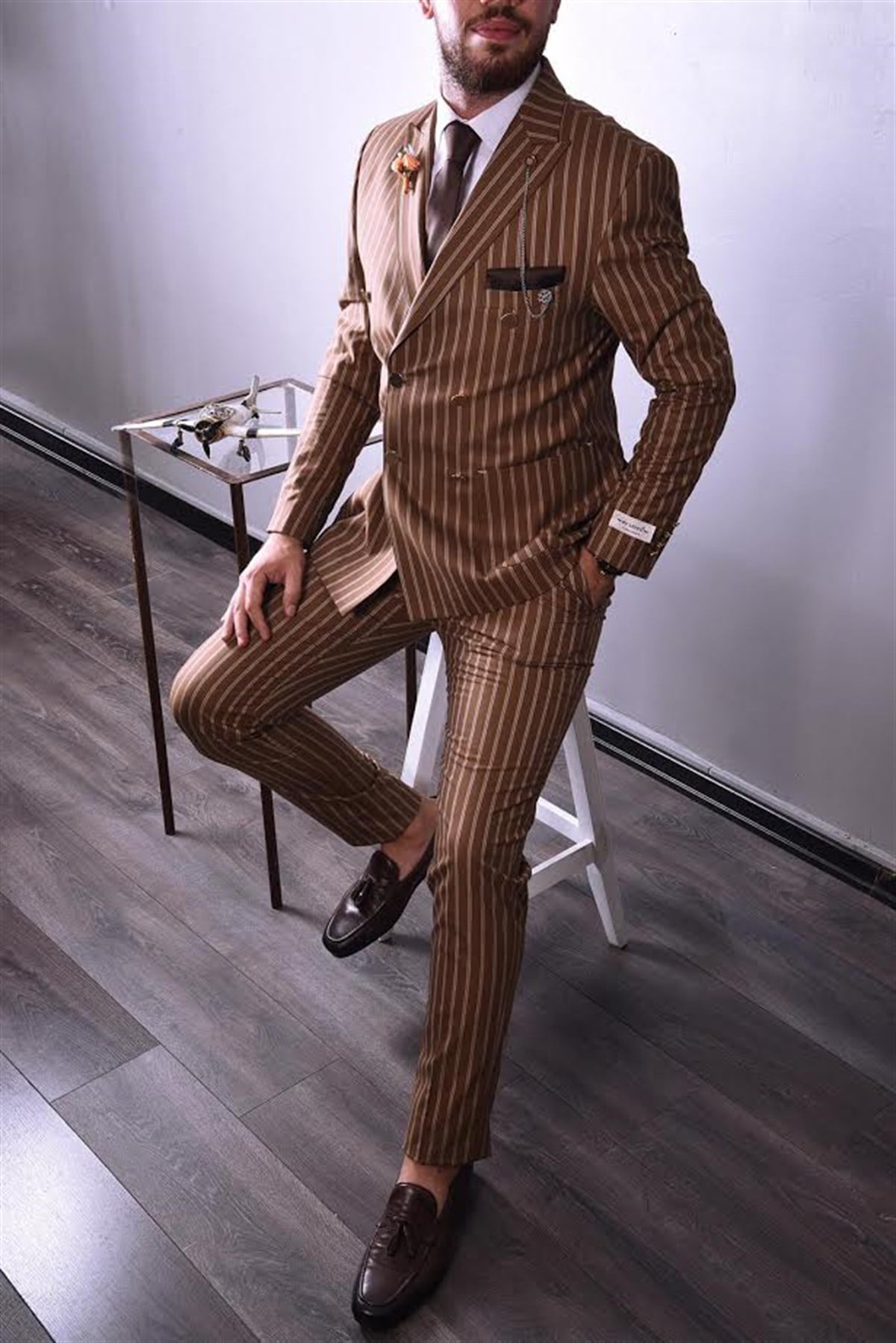Taba Renk Çizgili,Kruvaze Takım Elbise Slim Fit | Agustini
