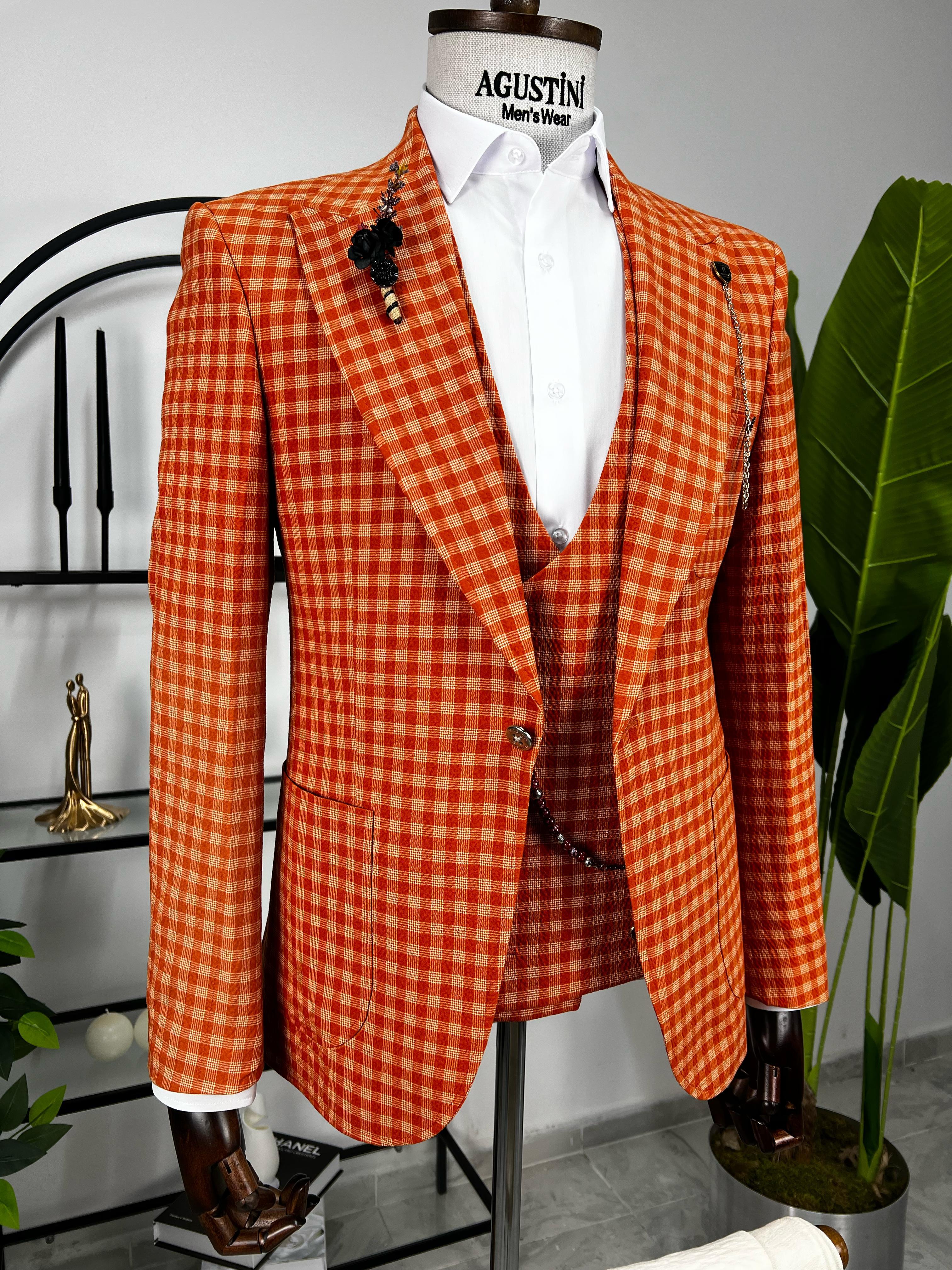 Turuncu Ekose Kombinli 3Lü Takım Elbise Sivri Yaka Torba Cep Slim Fit Kalıp | Agustini