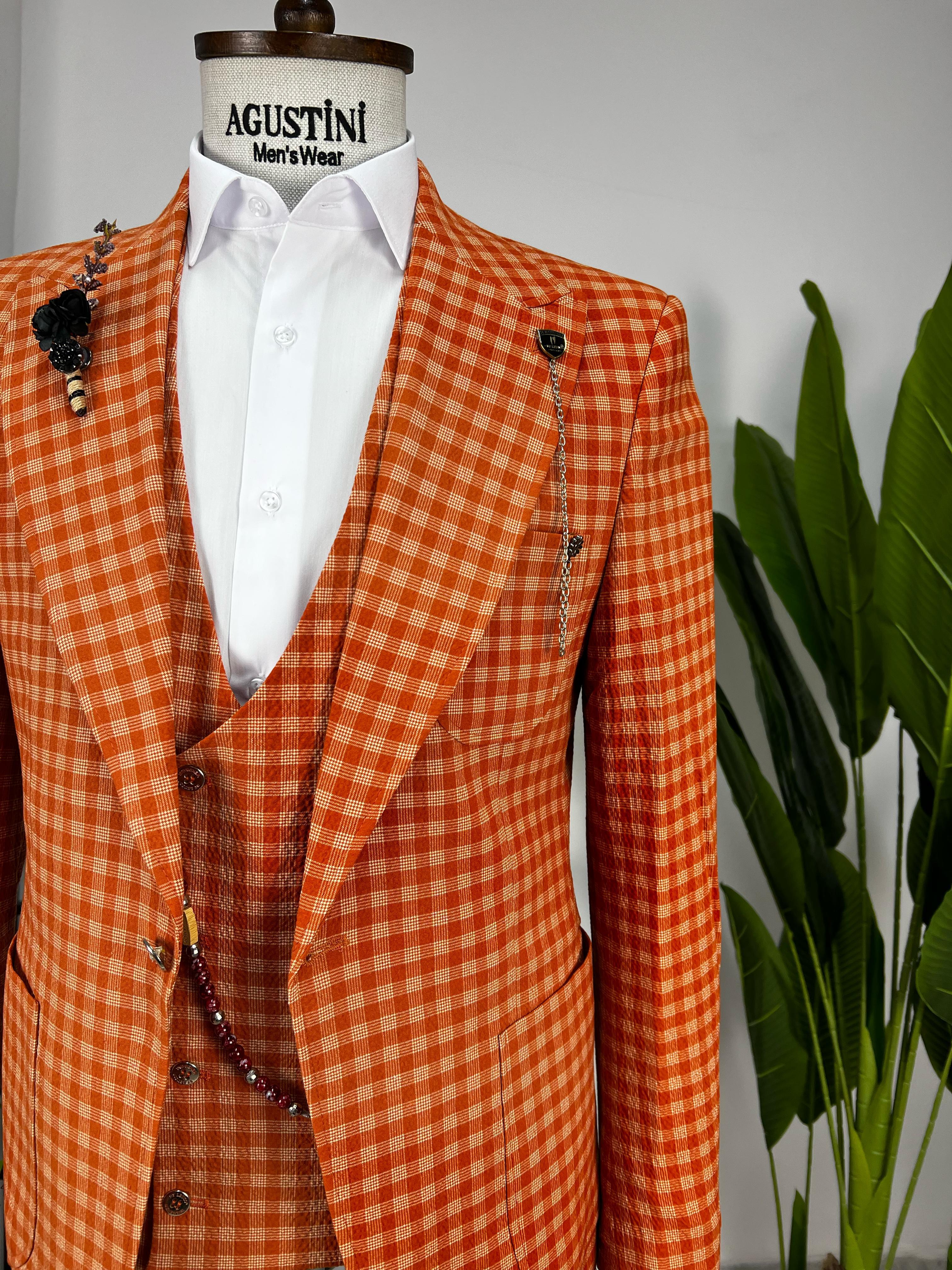 Turuncu Ekose Kombinli 3Lü Takım Elbise Sivri Yaka Torba Cep Slim Fit Kalıp | Agustini