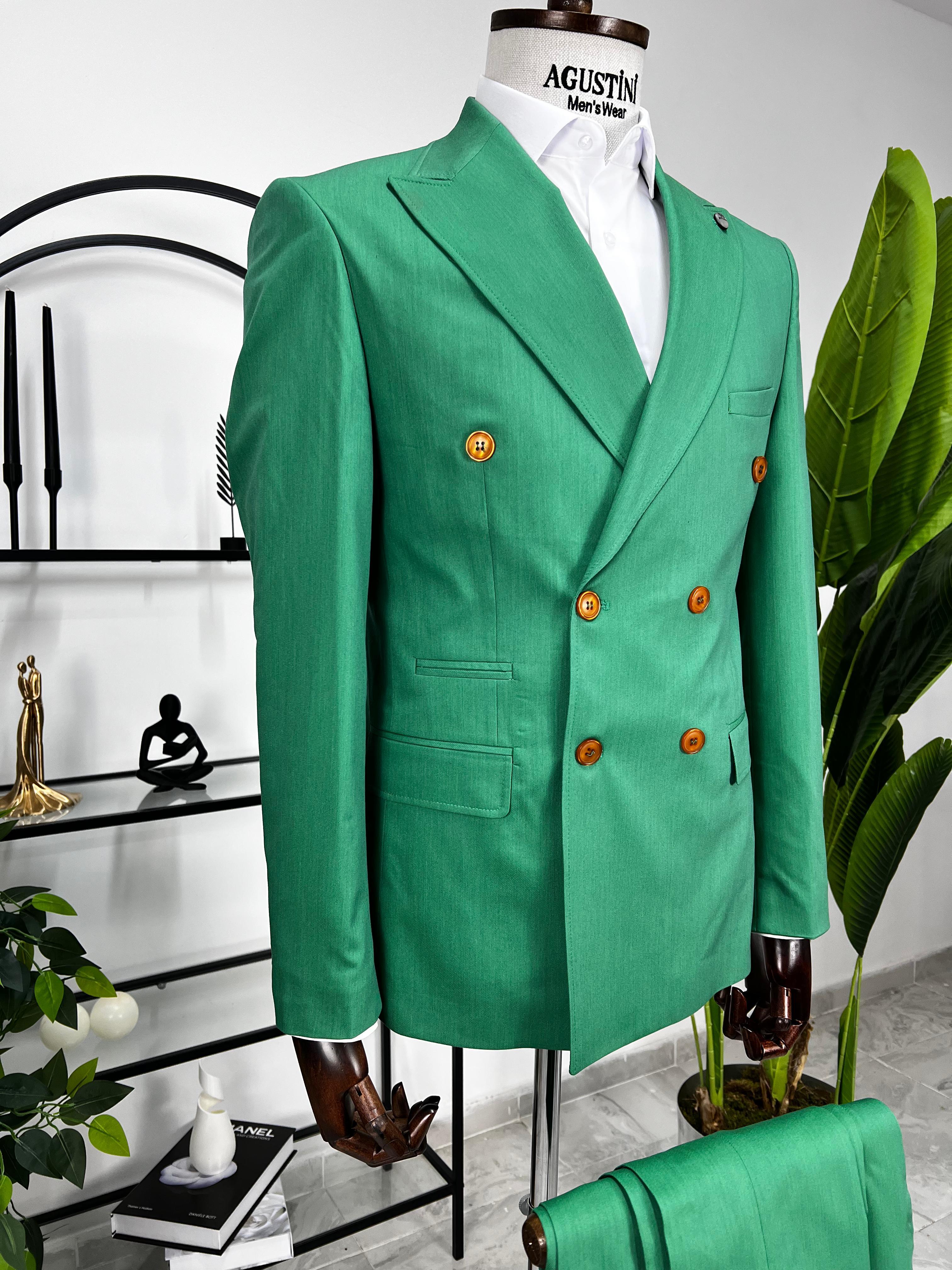 Yeşil Kruvaze 2Lİ Takım Elbise Sivri Yaka Slim Fit Kalıp | Agustini