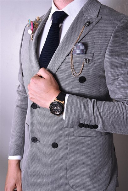  Gri,Kruvaze Takım Elbise Sivri Yaka Slim Fit | Agustini