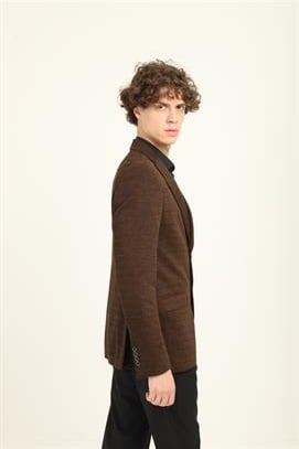  Kahverengi Mono Yaka İki Düğme Çift Yırtmaç Blazer Tek Ceket Slim Fit | Agustini