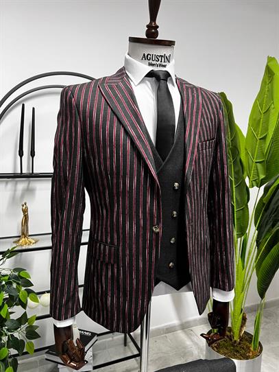 Antrasit Renk Bordo Çizgili Yelekli Kombin Takım Elbise Sivri Yaka Slim Fit Kalıp | Agustini
