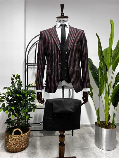 Antrasit Renk Bordo Çizgili Yelekli Kombin Takım Elbise Sivri Yaka Slim Fit Kalıp | Agustini