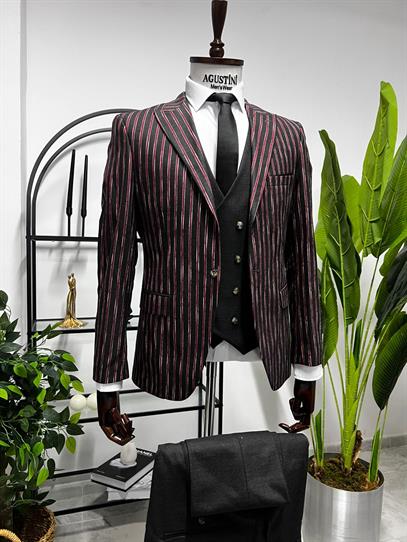 Antrasit Renk Bordo Çizgili Yelekli Kombin Takım Elbise Sivri Yaka Slim Fit Kalıp | Agustini
