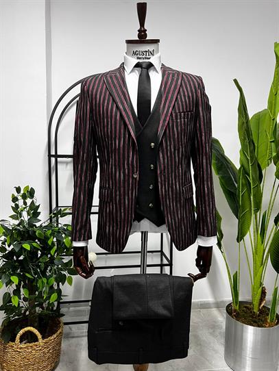 Antrasit Renk Bordo Çizgili Yelekli Kombin Takım Elbise Sivri Yaka Slim Fit Kalıp | Agustini