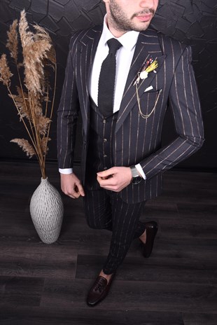 Antrasit,Kahverengi Çizgili Yelekli Takım Elbise | Agustini