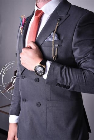 Antrasit,Kruvaze Takım Elbise Sivri Yaka Slim Fit | Agustini