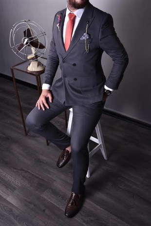 Antrasit,Kruvaze Takım Elbise Sivri Yaka Slim Fit | Agustini